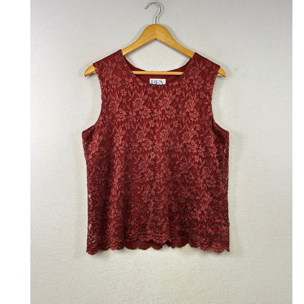 BFA Classics Lace Shell Top Womens 12 Burgundy Red Excellent Sleeveless Floral‎